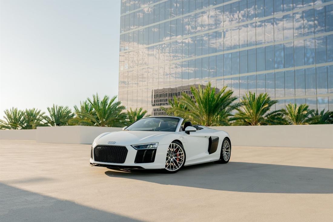 White Audi R8 Spyder convertible, rental photo 3 of 25