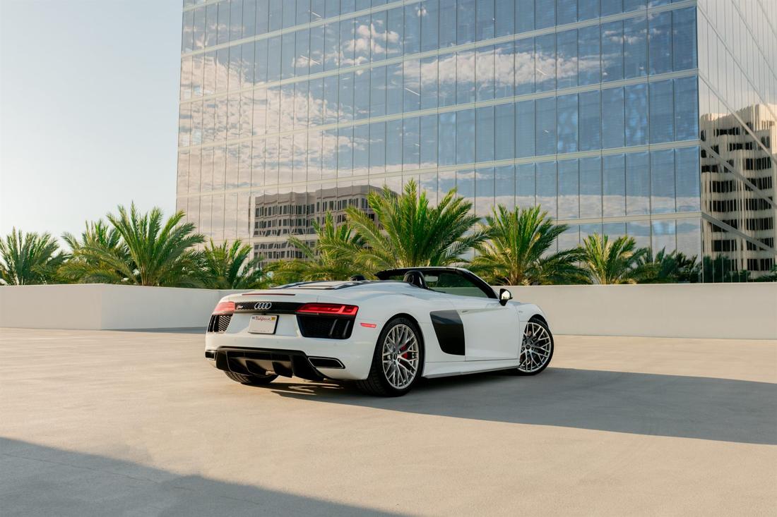 White Audi R8 Spyder convertible, rental photo 5 of 25