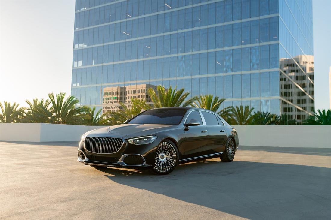 Silver and black Mercedes-Maybach S580 sedan available for hotel delivery in Los Angeles