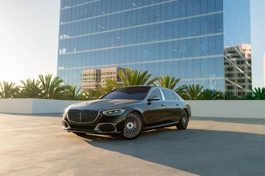 Silver and black Mercedes-Maybach S580 sedan available for hotel delivery in Los Angeles