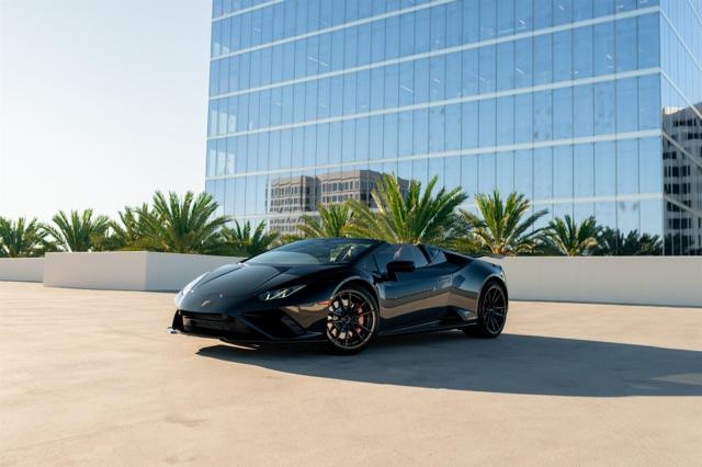 Black Lamborghini Huracan EVO Spyder convertible rental in Los Angeles