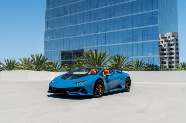 Blue Lamborghini Huracan Spyder convertible rental in Los Angeles