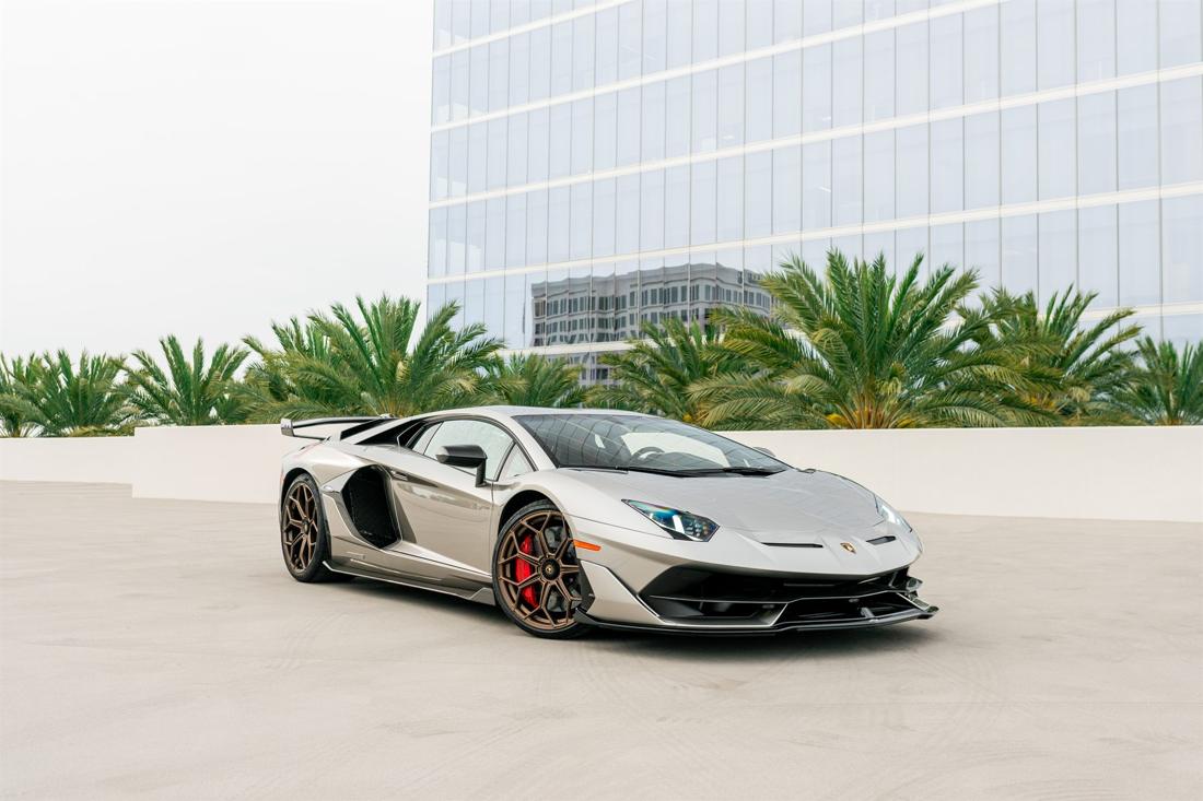 Grey Lamborghini Aventador SVJ available for rent in Los Angeles