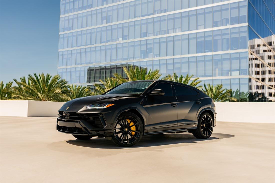 Satin black Lamborghini Urus S SUV available for rent in Los Angeles