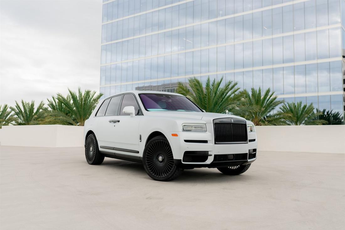 Satin white Rolls-Royce Cullinan available for wedding rental in Los Angeles