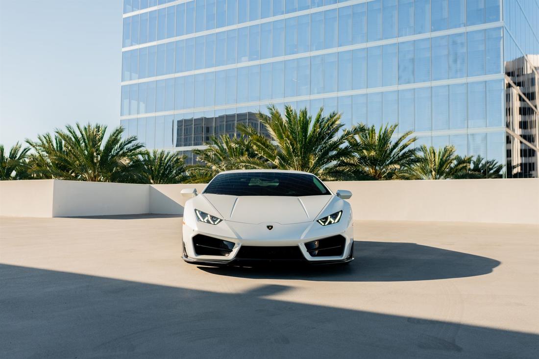 White Lamborghini Huracán EVO coupe available for rent in Los Angeles