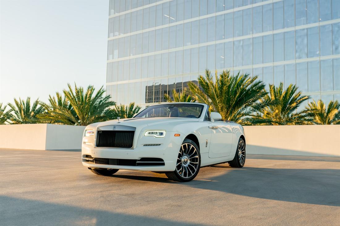 White Rolls-Royce Dawn convertible available for rent in Los Angeles