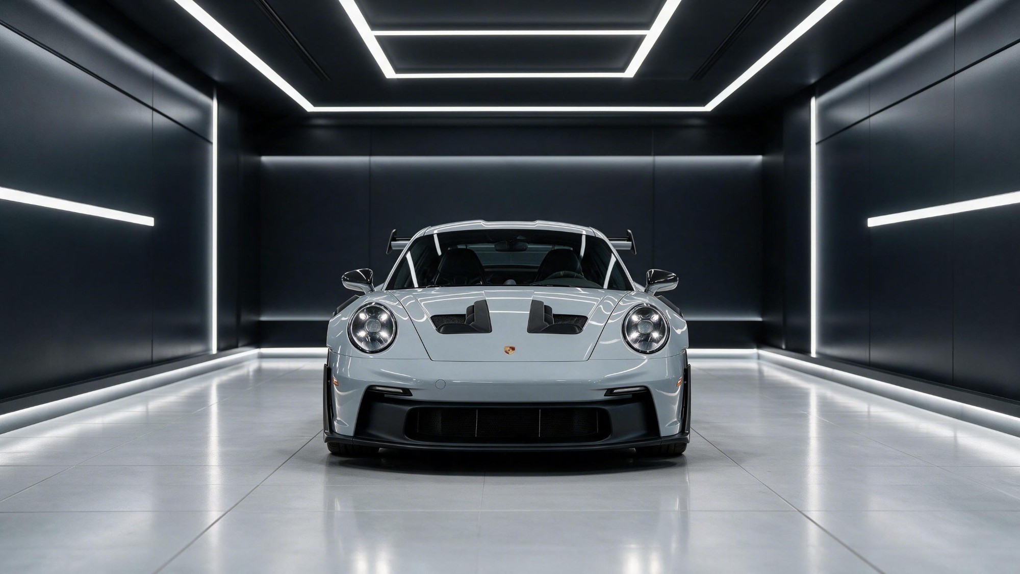 Grey Porsche 911 GT3 RS in a lit black showroom