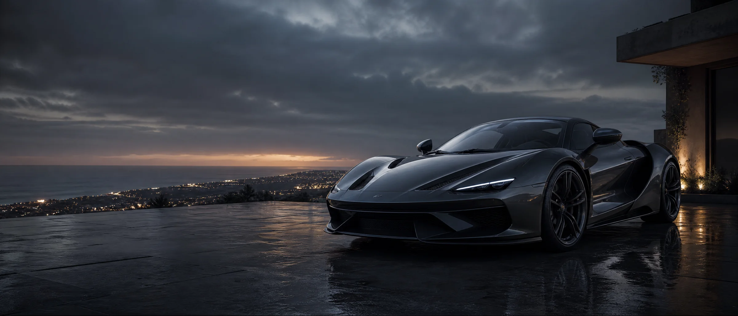 Graphite performance car on a coastal overlook