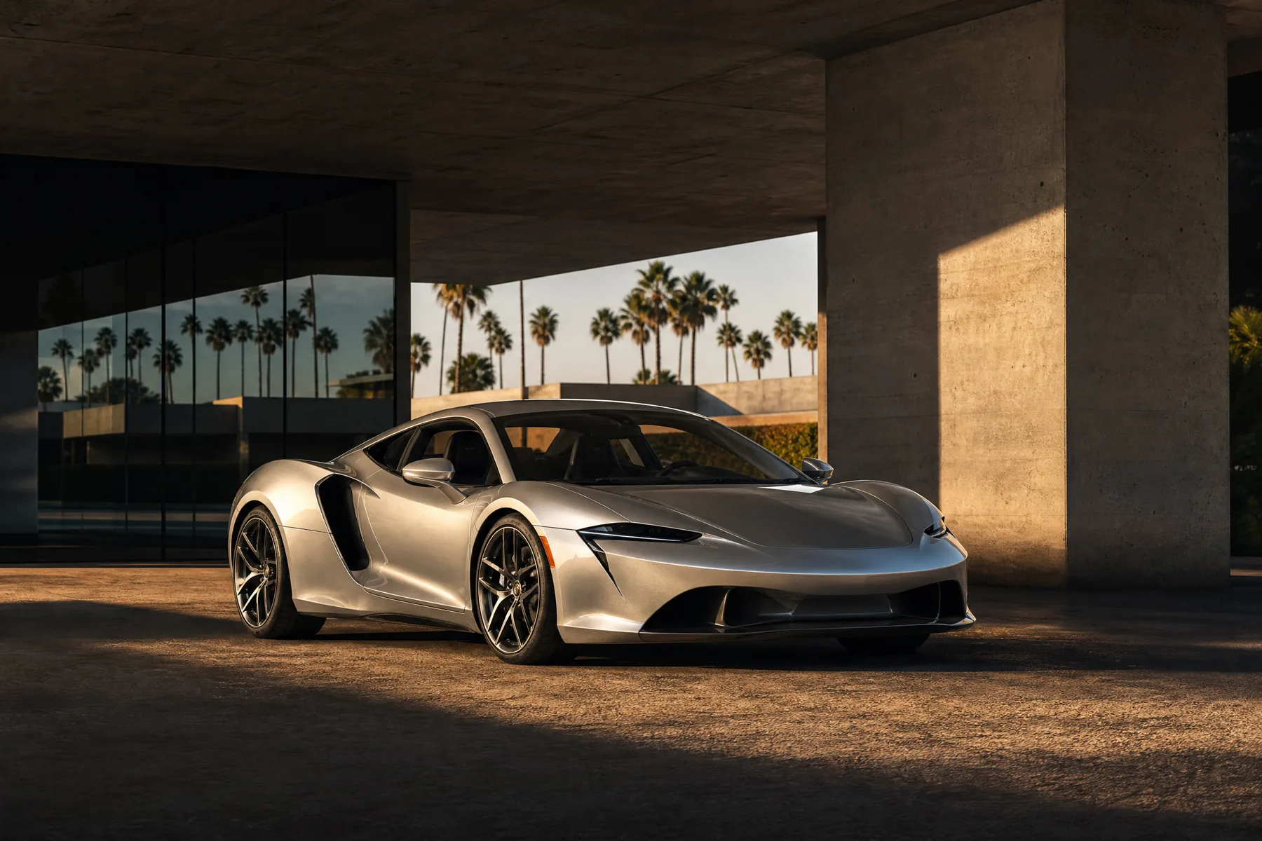 Sculptural silver performance car under modern architecture